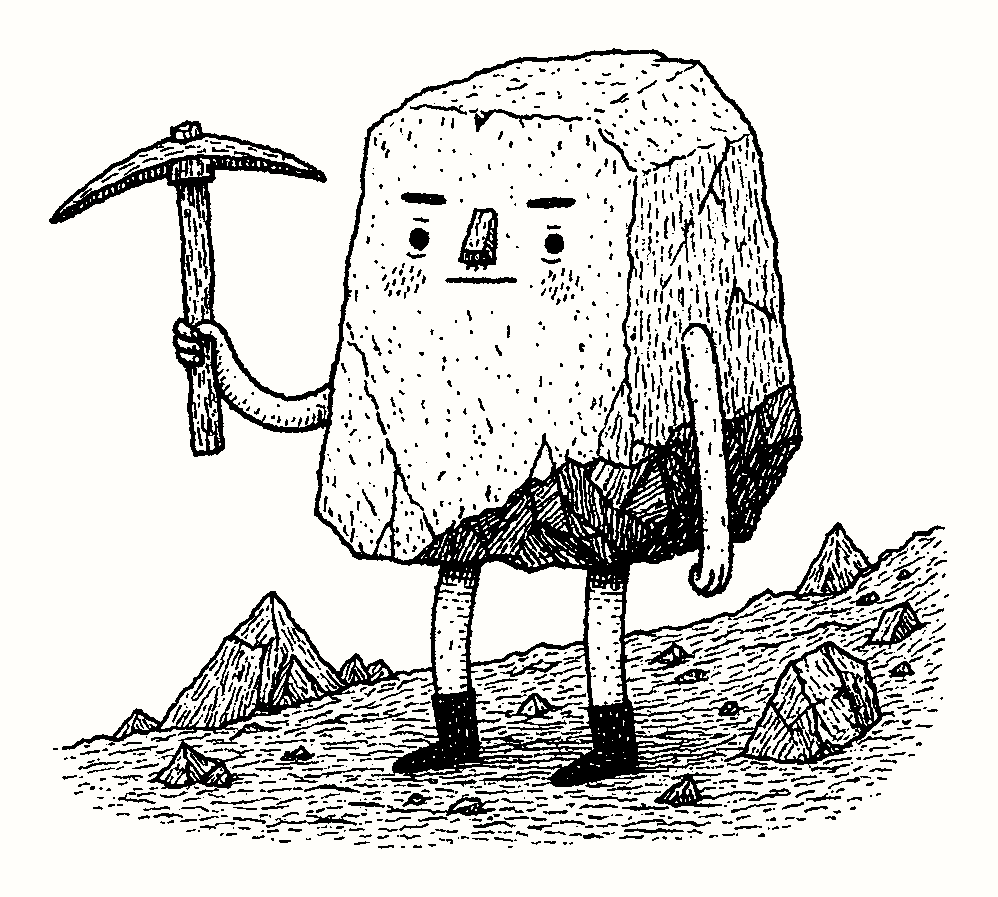 The Autolith mascot, a standing block of stone holding a pickaxe, drawn in black ink and bitmap dither
